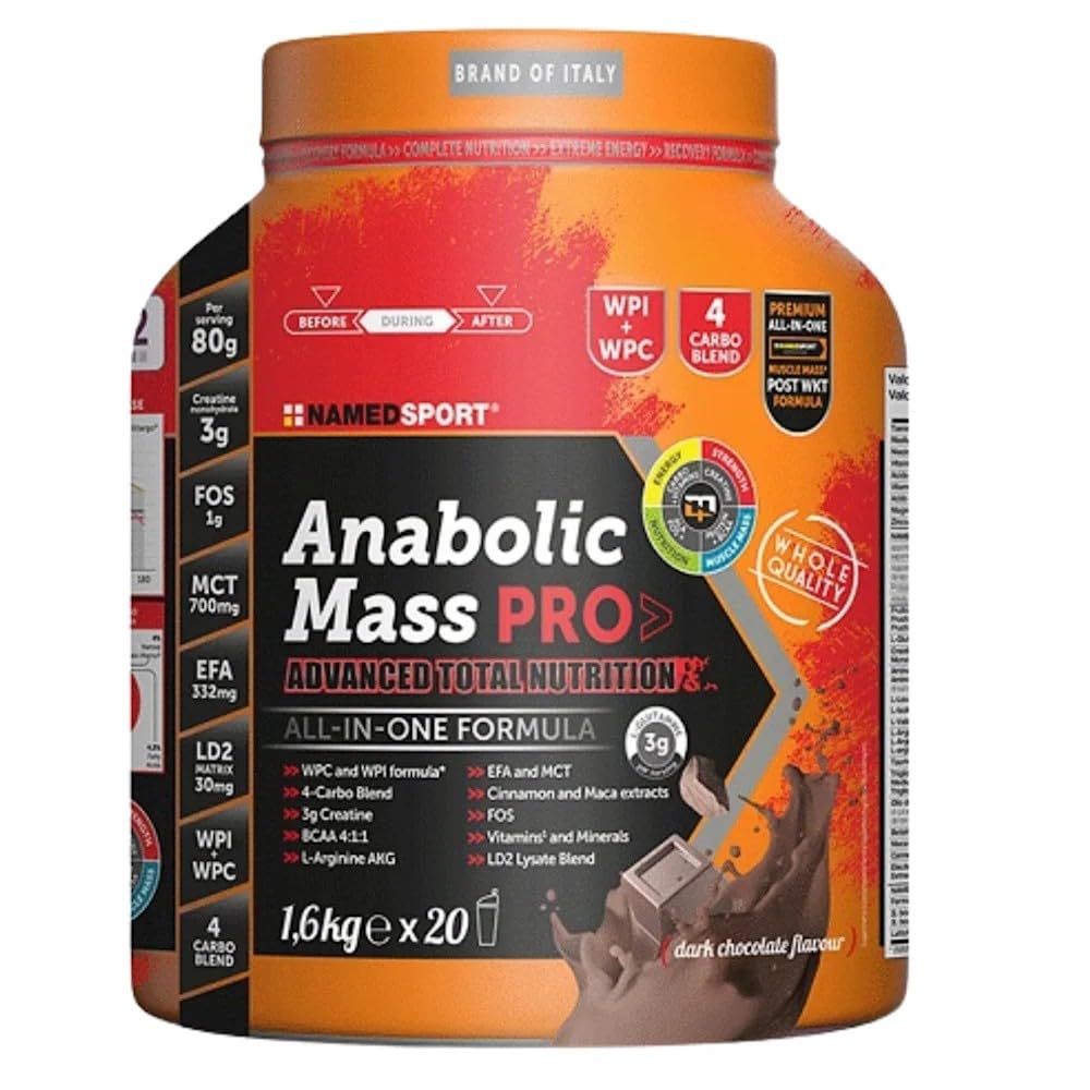 NAMEDSPORT ANABOLIC MASS PRO Proteine in Polvere al Cioccolato Fondente 1,6 kg | Proteine Isolate e Concentrate Siero del Latte | Crescita e Mantenimento Massa Muscolare