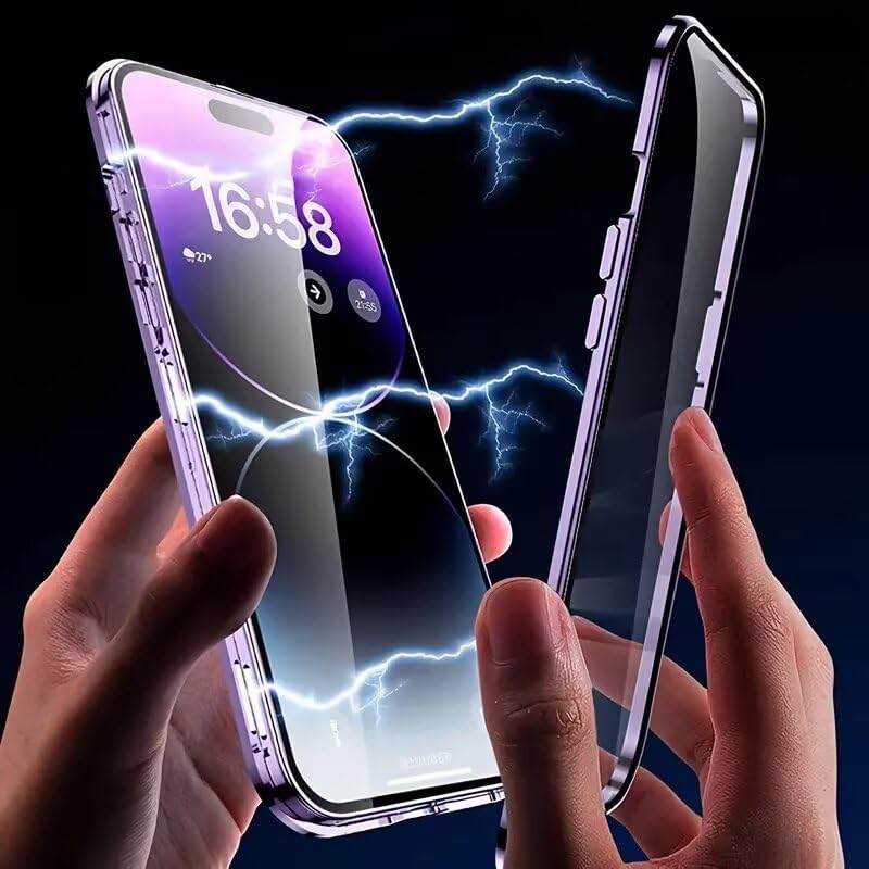 Magnetic Metal Edge Full Body Military Drop Protection for iPhone 15 Pro Max Case,Compatible with MagSafe,Rugged Built-in Privacy Screen Protector Logo View Shockproof Cover,Silver - Image 2