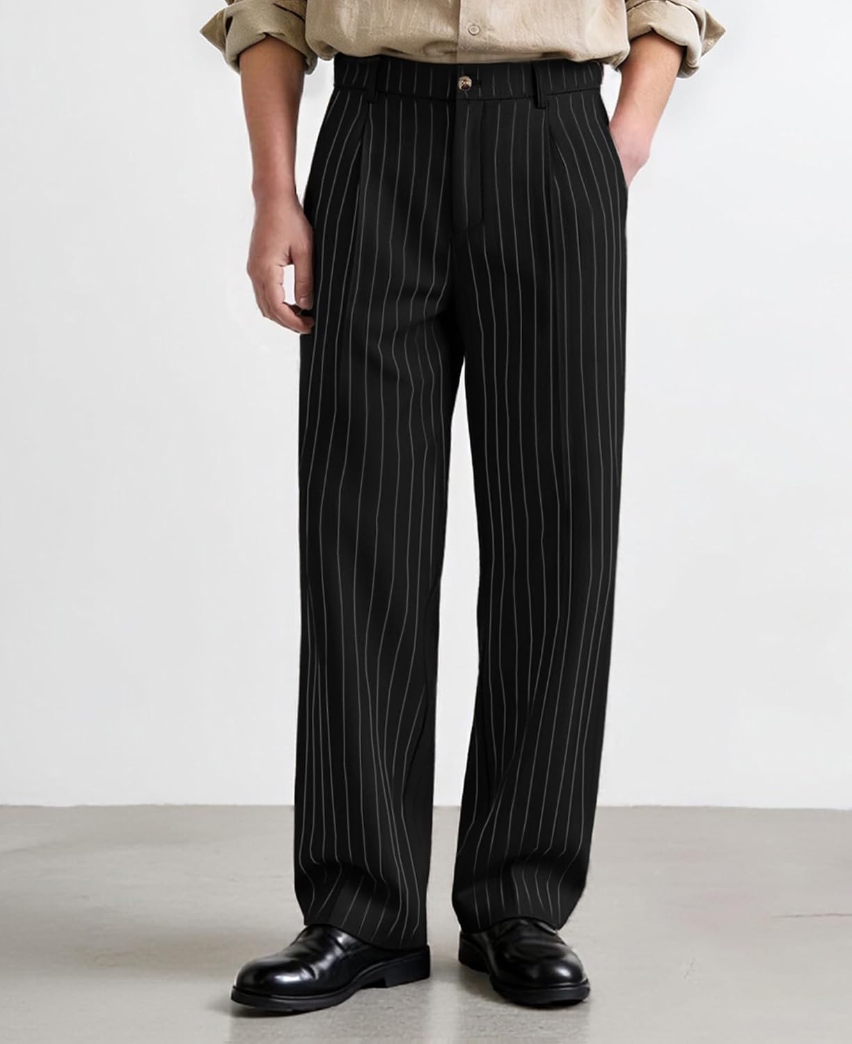 Susclude Mens Pinstripe Casual Dress Pants Old Money Wide Leg Baggy Pleated Slacks Elastic Wasist Loose Fit Work Trousers