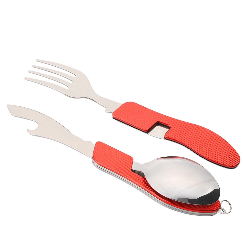 2 szt. Premium sztućce kempingowe 4 w 1, składane sztućce 4 w 1, stal nierdzewna zestaw sztućców kempingowych outdoor, zestaw nóż widelec łyżka otwieracz do butelek (czerwony)