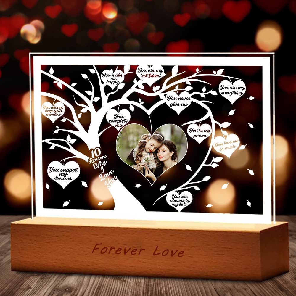 Personalized Why I Love You 10 Reasons Tree Frame Night Light Lamp Custom Tree of Life Hearts Home Decor Mothers Day Gifts for Mom