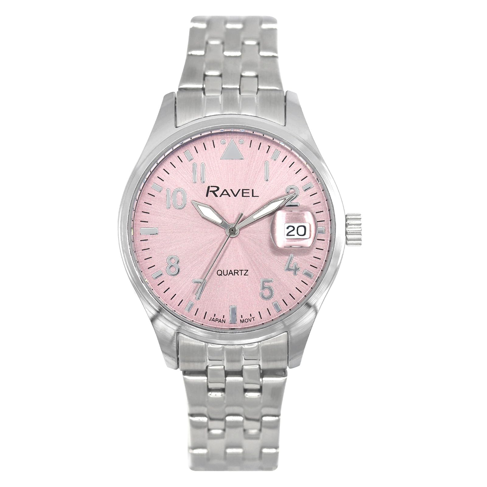 Ravel Plus - Reloj Calendario 3ATM Redondo de 34 mm para Mujer con Cristal Revestido de Zafiro y Esfera con Efecto Rayos de Sol - Cuarzo Analógico Japonés - RPD-05-08