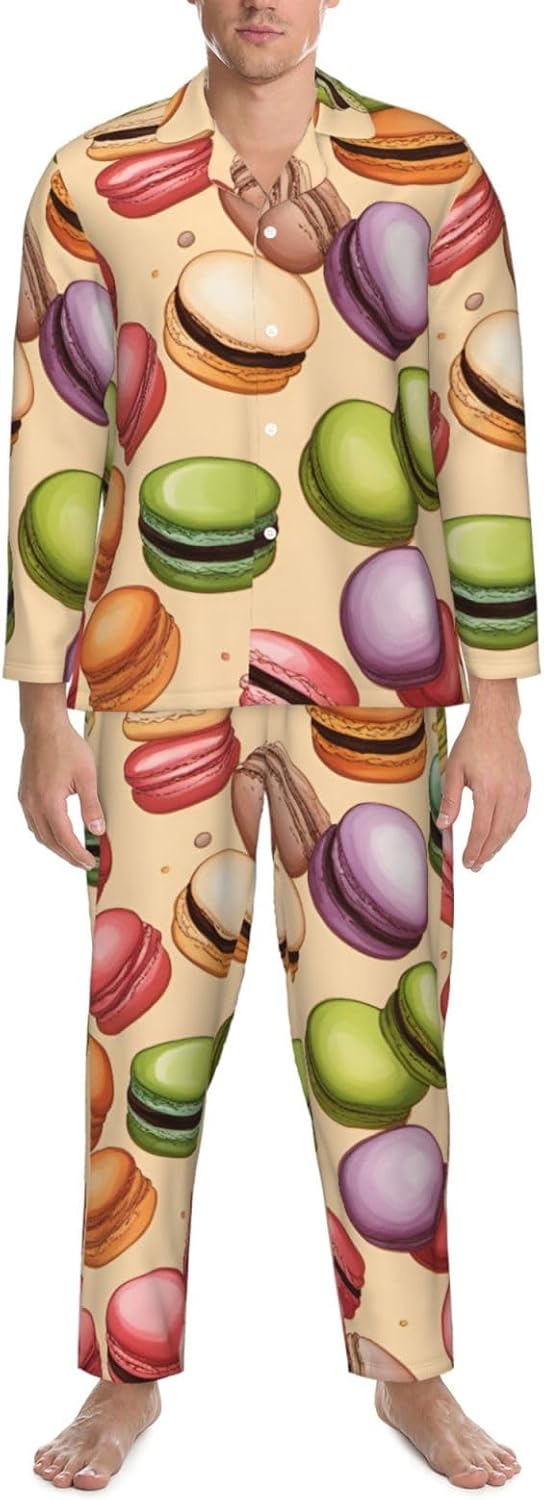 Macaron Biscuit Flavored Print Luxurious Mens Pajamas Set,Breathable Pajamas Set,Perfect For Lounging Bed,Sofa