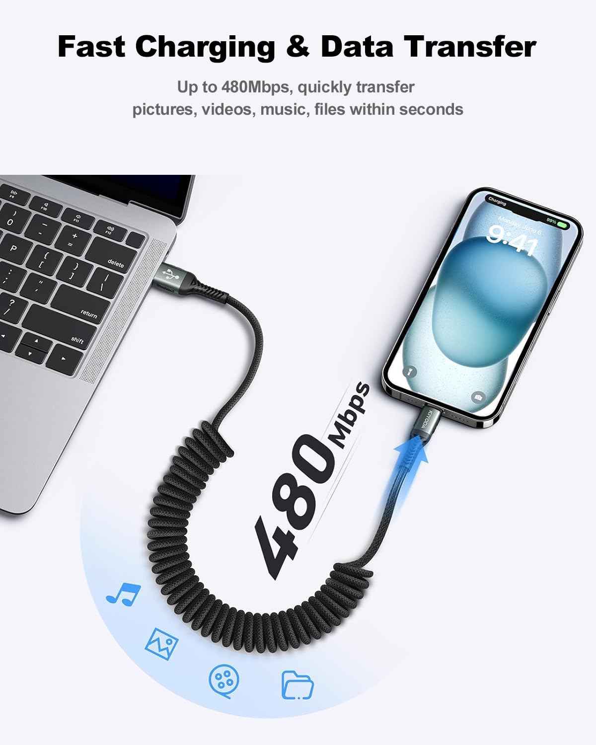 Cable USB A a USB C en espiral de 6 pies, paquete de 2 cables USB C para coche, USB a USB C | Cable USB C trenzado de carga rápida de 66 W para iPhone 17, 16, 15/Pro Max/Plus, Samsung Galaxy S10 y más