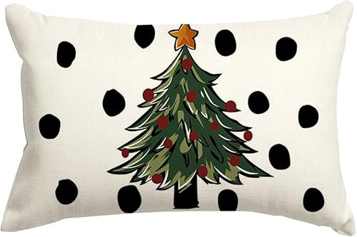 RABUSOFA Fundas de almohada de Navidad de invierno de 12 x 20 pulgadas, decoración de árbol de Navidad de lunares, almohadas lumbares de acuarela,