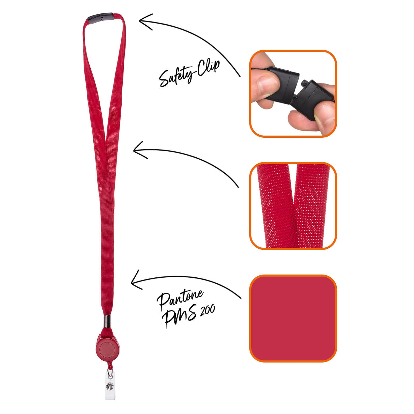 Karteo Schlüsselband mit Ausweisjojo rot [50 Stück] Lanyard mit Sicherheitsverschluss und Ausweishalter ausziehbar mit Vinylstrap für Kartenhalter Ausweise Karten