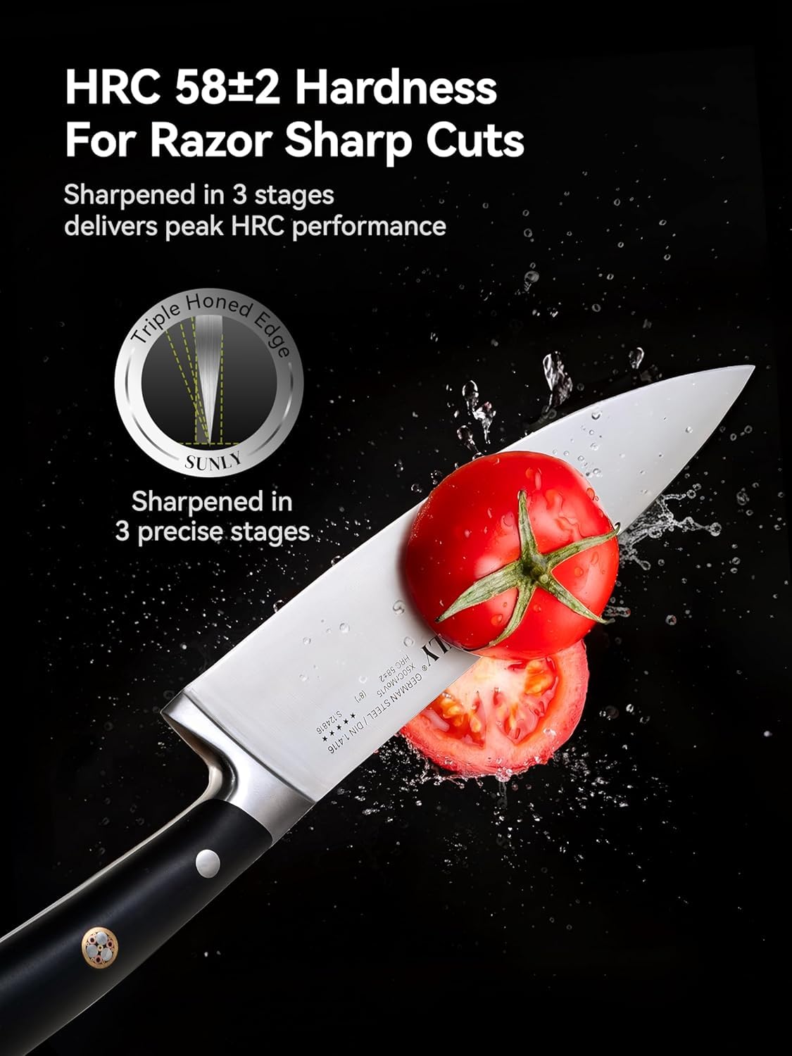 SUNLY Chef Knife, 8 Inch Professional Kitchen Knife with German 1.4116 Stainless Steel, 58±2 HRC Hardness, Full-Tang Design, Anti-Slip Handle for Meat, Fruits, Vegetables, Gift-Ready Magnetic Box — Amazon image 4
