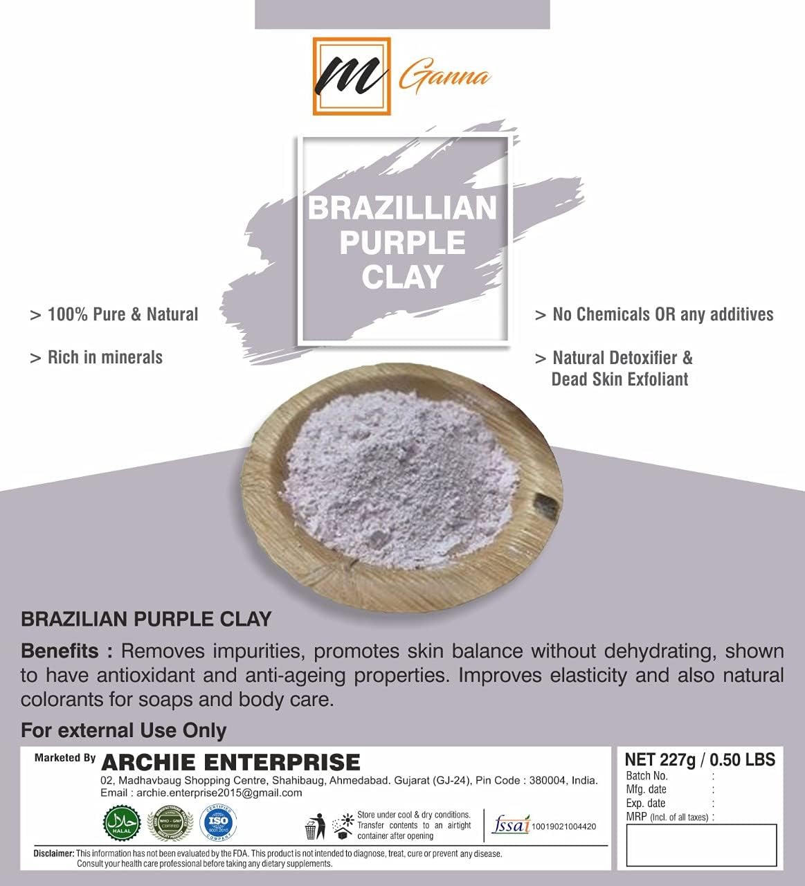 mGanna 100% Natural Brazilian Purple Clay Powder for Skin firming Creams and Soap Making, Light Purple, 227 g (Pack of 1) - Image 3