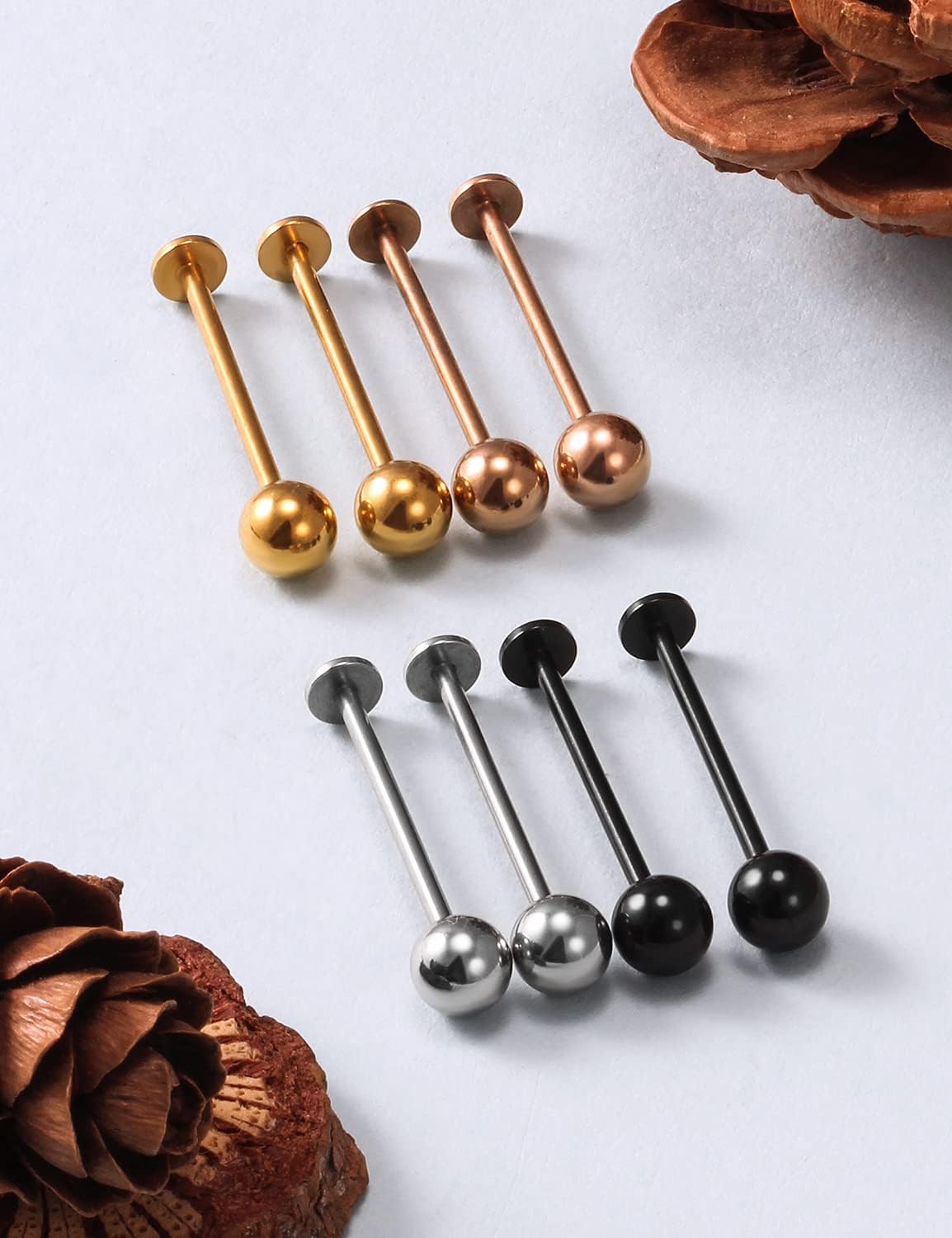Kridzisw 14G Cheek Dimple Piercing Jewelry Flat Tongue Ring 316L Stainless Steel Long Bar Lip Labret Cheek Tongue Rings Barbell Piercing Jewelry 4mm 5mm Balls 14mm 16mm 19mm Bar Length 8Pcs - Image 3