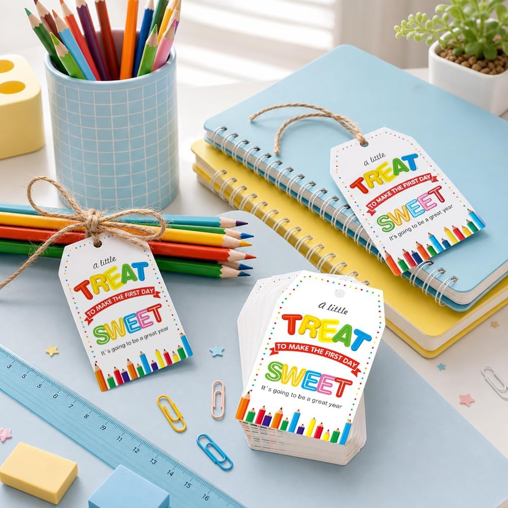 Back to School Gift Tags with String, 100 Pcs Paper First Day of School Gift Tags, Hanging Gifts Label Tag for Classroom Student Crafts Present Wrapping Welcome Back to School Party Favor Decorations