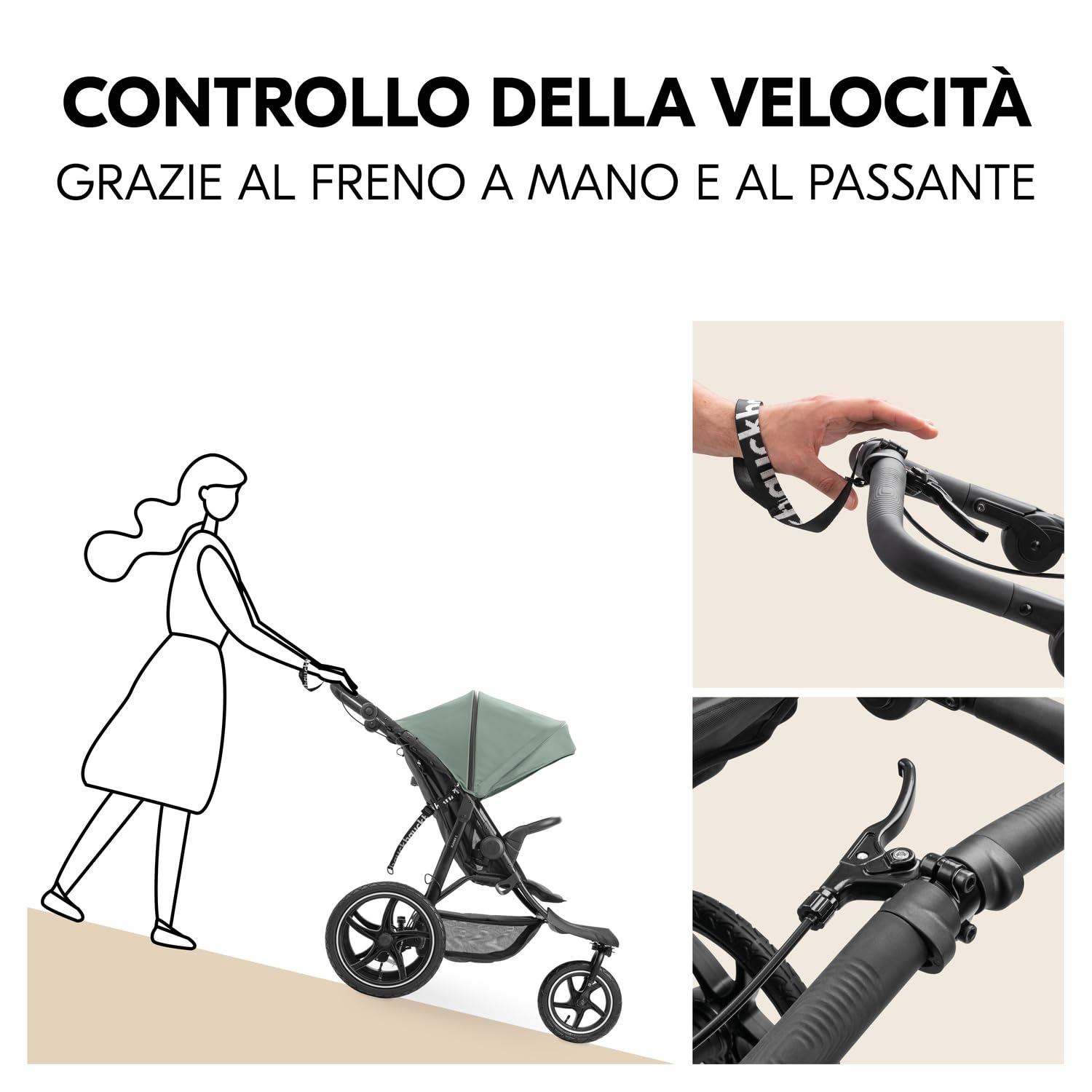 Hauck Runner 3 Verde Giungla Passeggino 3 Ruote d'Aria 22 kg Sospensione Regolabile Freno a Mano Cappottina XL UPF 50+