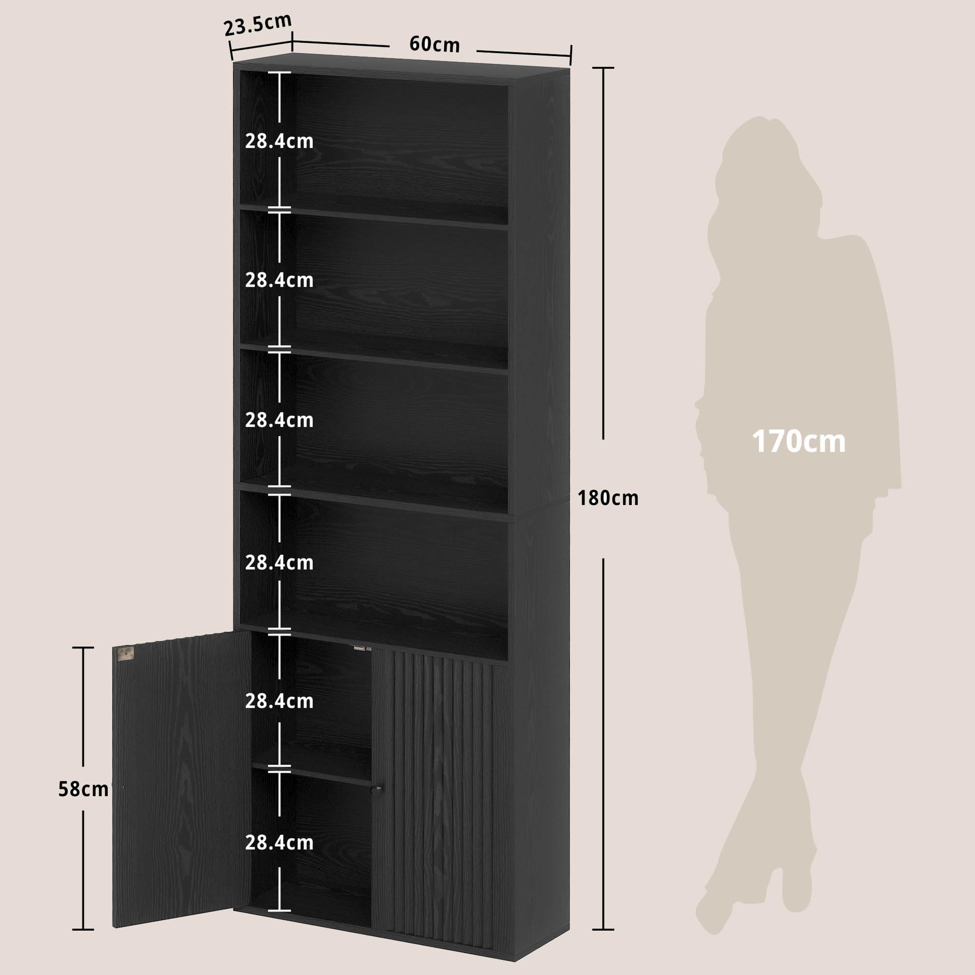 IRONCK Bibliothèque avec Portes - Étagère sur Pied à 6 Niveaux - Étagère en Bois avec Portes - Étagère de Rangement Ouverte pour Bureau, Salon, Chambre à Coucher - 180 x 60 x 23,5 cm - Noir