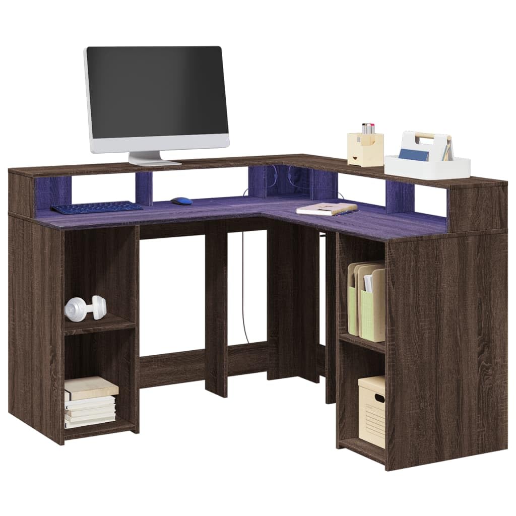 Bureau en L chêne marron avec LED pour télétravail et gaming