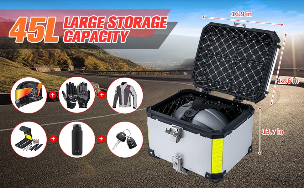 Image of VCOROS Top Case 45L Waterproof Aluminum Alloy Motorcycle Trunk Universal Motorbike Tail Box (Silver, 45 Liter)