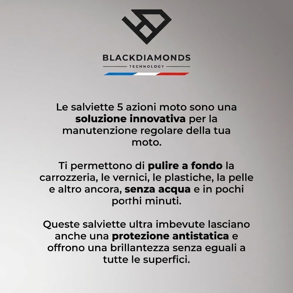 BlackDiamonds - Salviette Detergenti Per Moto - 5 Azioni - Puliscono, Proteggono, Antistatiche, Idrorepellenti E Massima Lucentezza - Biodegradabile - Senza Acqua Né Risciacquo - 80 Salviette