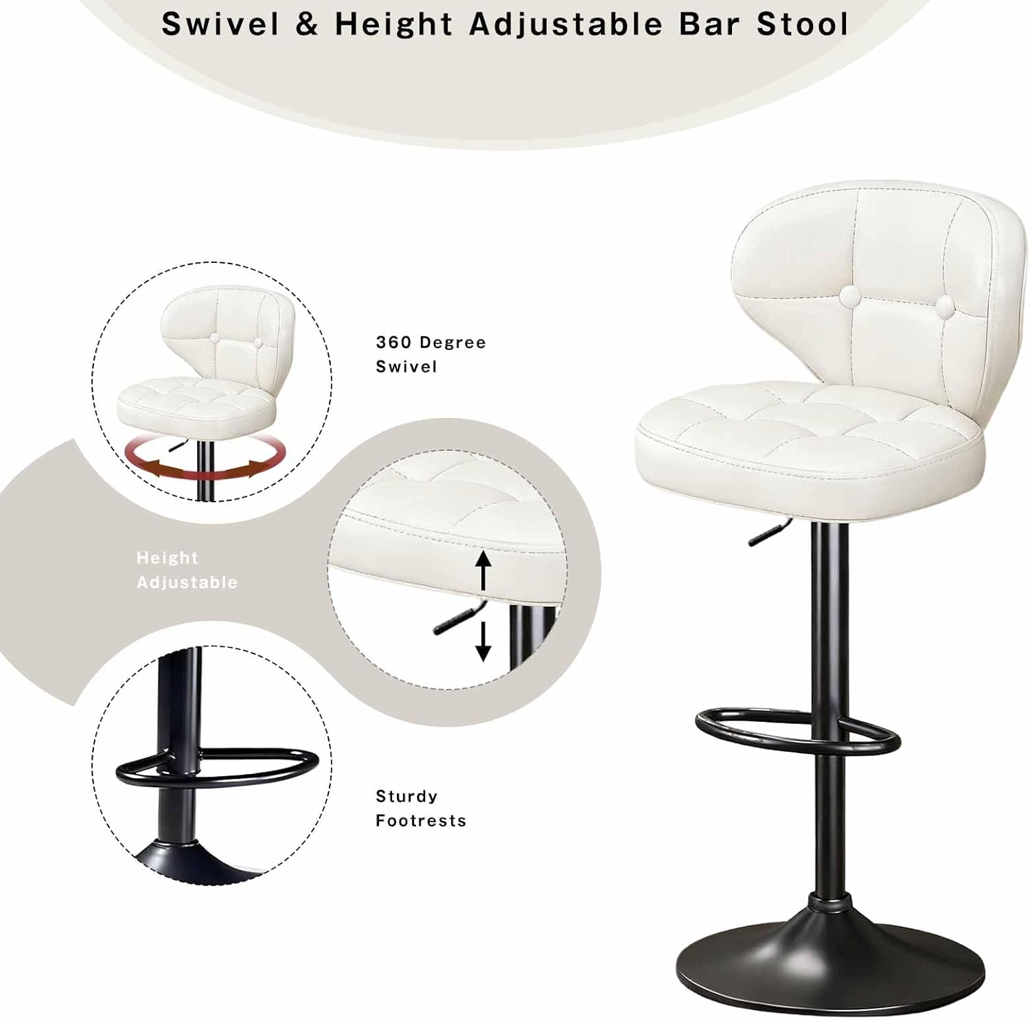 Bar Stools Set of 4,Adjustable Swivel Barstools, Modern PU Leather Upholstered Bar Chair with Back and Footrest,for Bar, Kitchen, Dining Room White