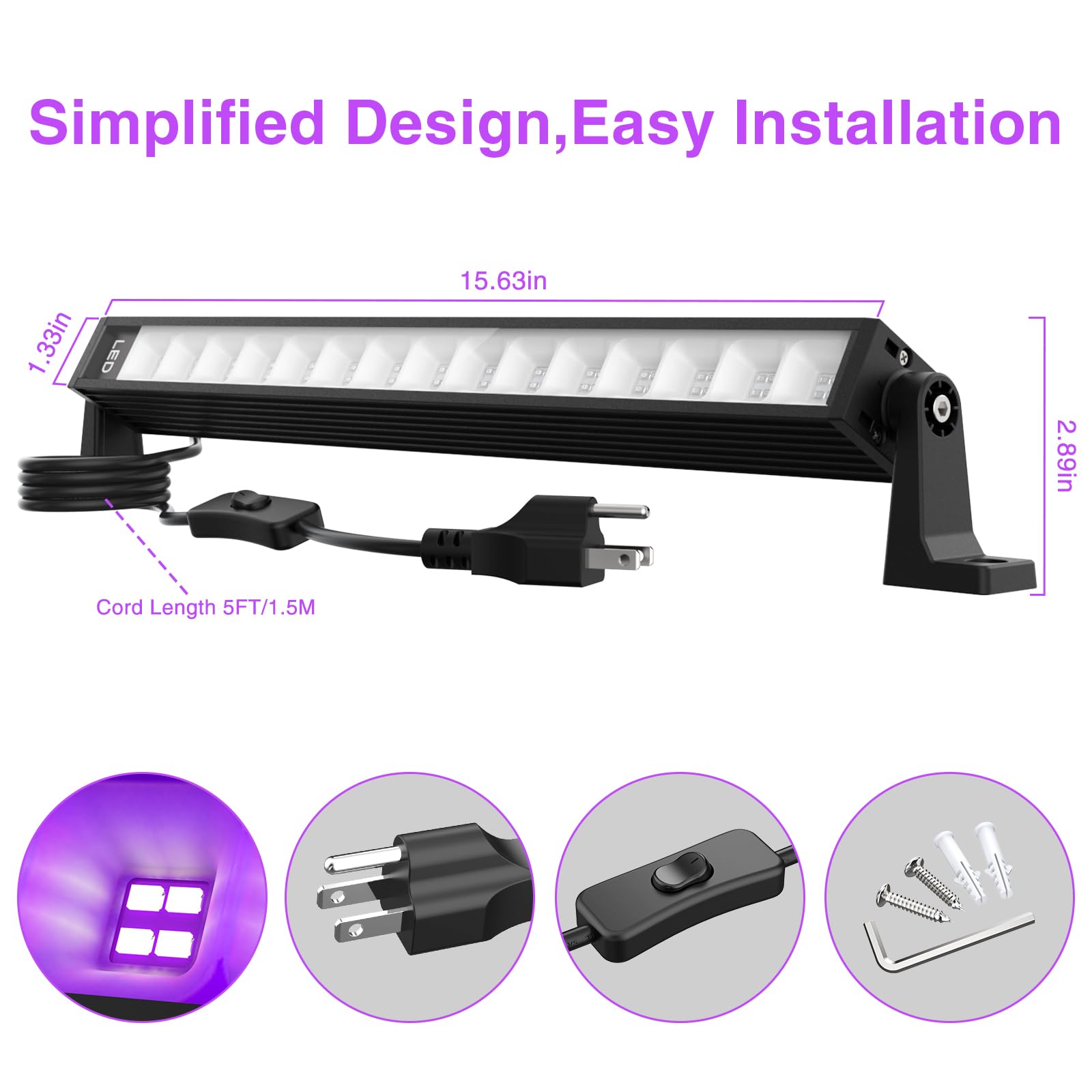 Lamvip 38W LED Black Light Bar Blacklight Bars With Plug And