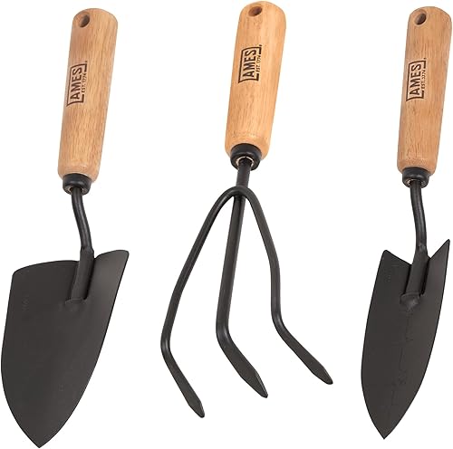 AMES 24454009 Juego de herramientas de jardín con mango de madera de 3 piezas con paleta de mano, trasplantador y cultivador