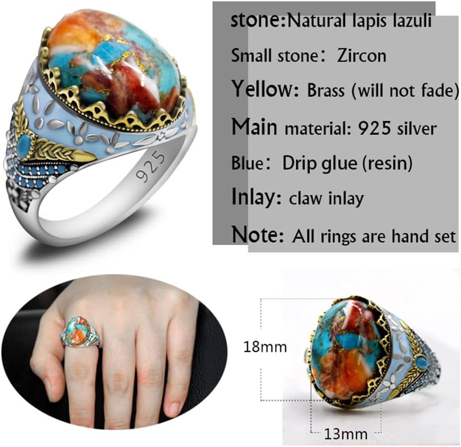 S925 mens rings silver inlaid with black agate stone, red zircon, purple zircon, green agate stone, green pine stone, lapis lazuli Turkiye rings for men - Image 4