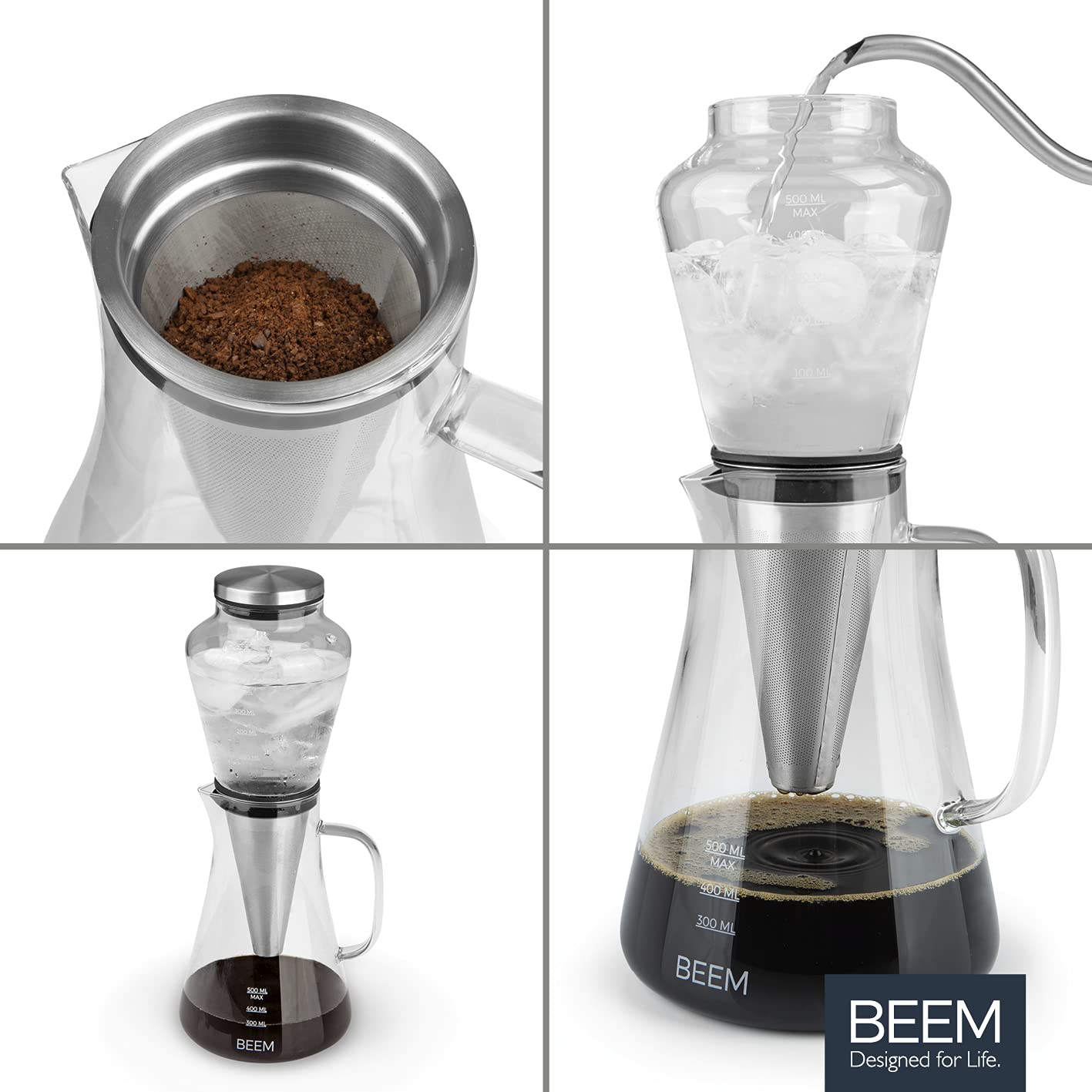 BEEM Cold Drip 03075 - Cafetera para cafetera de cristal de borosilicato de 0,5 l, acero inoxidable, transparente, 14 x 12,5 x 33,4 cm