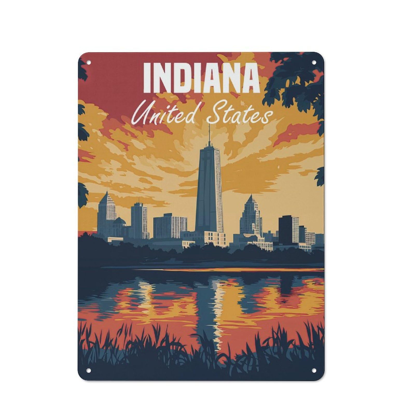 Decorative Metal Plaque with Indiana Skyline Design 40x30cm, Warehouse Style Loft Wall Plaque for Flat, Bar, Studio Or Gallery Wall