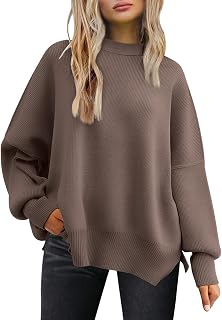 LILLUSORY Women's Oversized Batwing Sleeve Crewneck Ribbed Knit Pullover Sweater with Side Slit - Fall Winter Trendy Tops