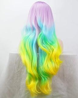 XINGYU Pastel Lila Púrpura Azul Verde Amarillo Encaje Peluca Delantera Sintético Pelo Largo Ondulado Sirena Arco Iris Colorido Drag Queen Pelucas para Mujeres Damas Cosplay Festival