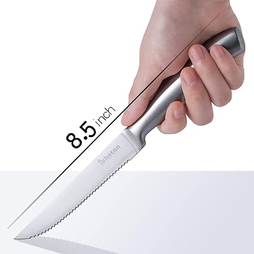 Miniatura 5 de Juego de 6 cuchillos para carne, cuchillos de acero inoxidable de alto carbono de 4.5 pulgadas, aptos para lavavajillas, color plateado