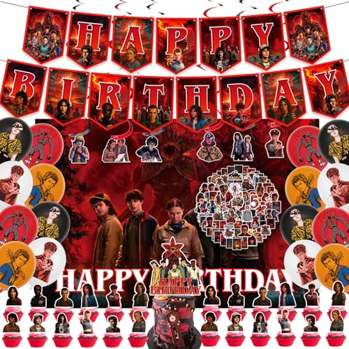 162Pcs Party Decorations Set Includes Backdrop Happy Birthday Banner 16 Balloons 6 Hanging Swirls 24 Cupcake Toppers Cake Topper 100 Stickers Stranger Party Supplies Things for Kids Teens Boys