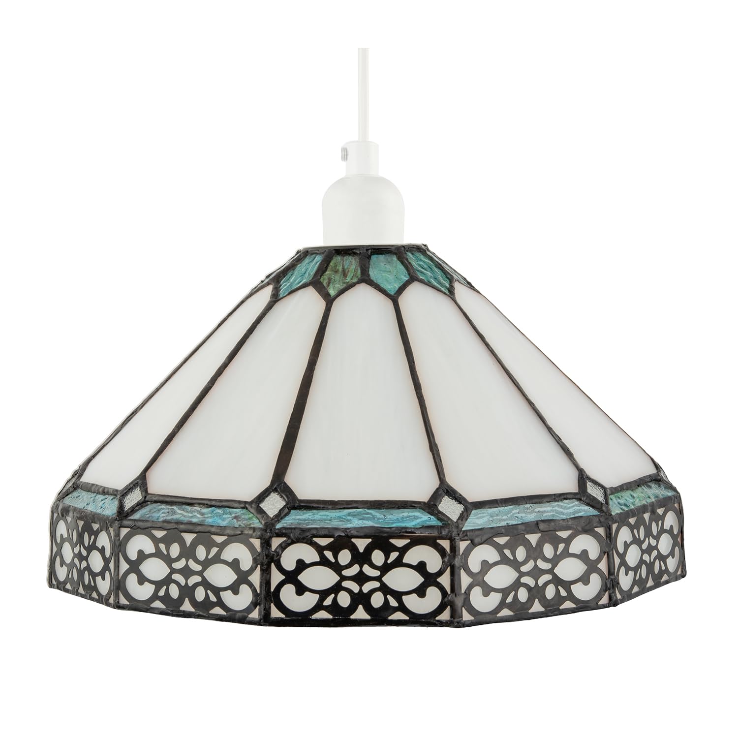 Classic 1920s Shabby Chic Pendant Ligjhting Shade with Metal Scrollwork Decoration | 30cm x 17cm | Amber and Green Stained Glass Panels by Happy Homewares