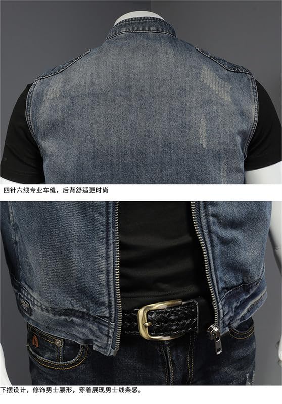Gilet in Denim di Moda Maschile, Motociclista con Cerniera Maschile Jean Gilet, Giacca da abbonamento Senza Maniche Maschile