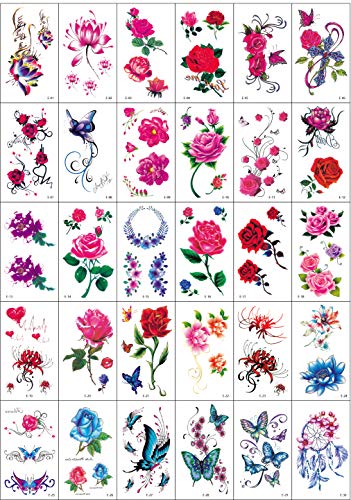 LIDELE Temporary Tattoos Flower butterfly Fake Tattoo non-permanent tattoos Pack of 30 Sheets (D)