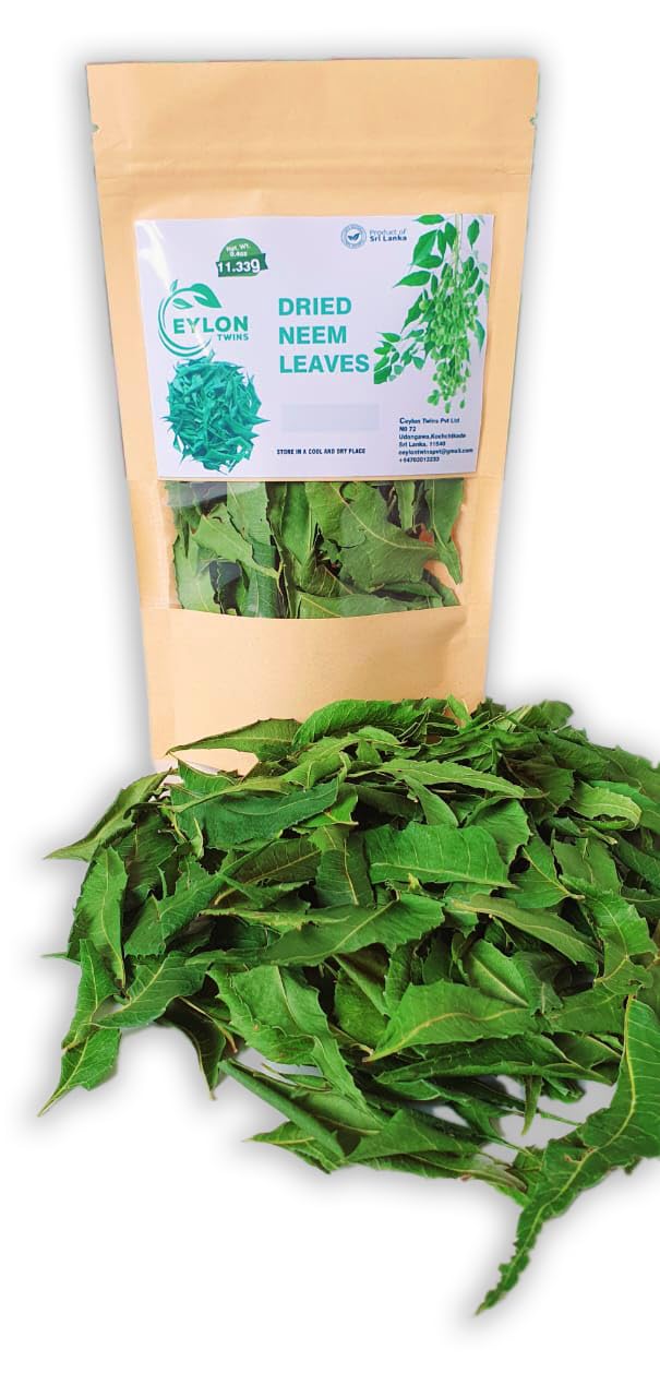 Ceylon Twins Naturally Grown Dried Neem Leaves Whole 0.4 oz (11.3 g) | Single Ingredient | Product of Sri Lanka | Whole Neem Leaf | Resealable Pouch