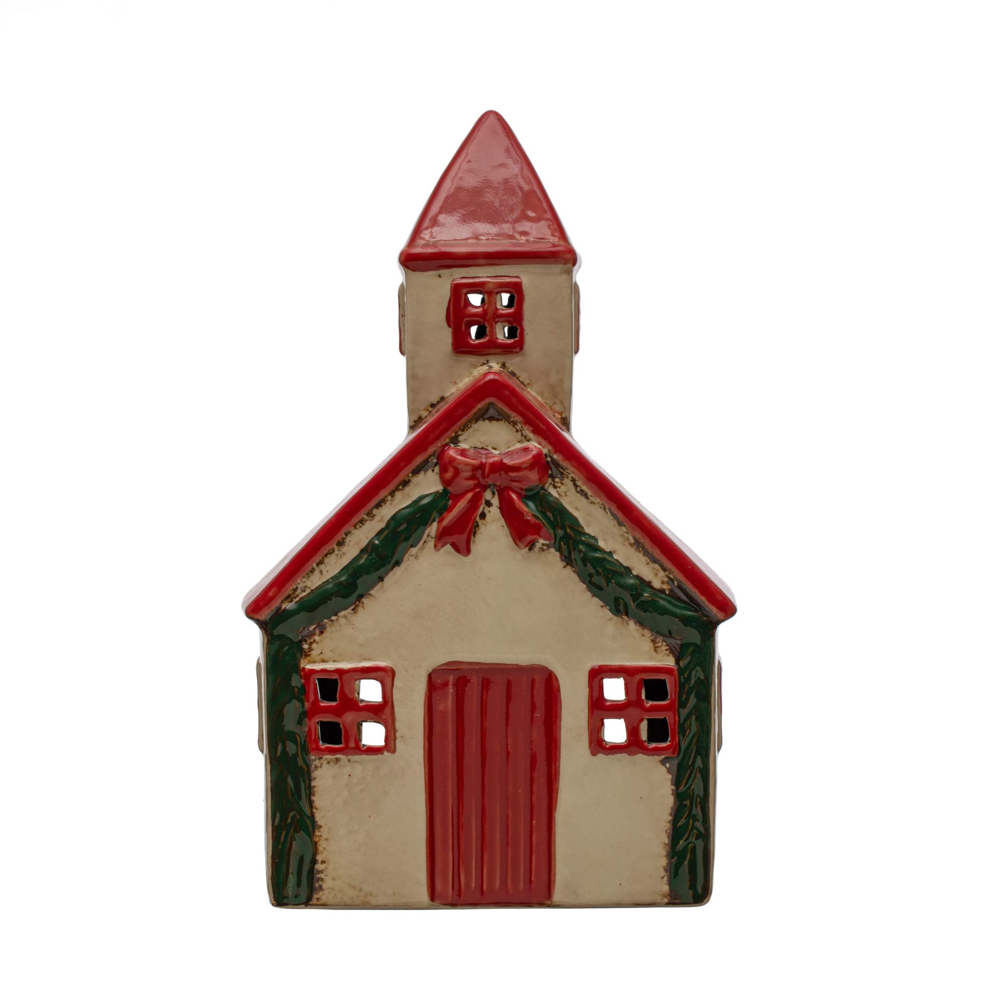 Creative Co-Op 6' L x 5' W x 9-1/2'H Hand-Painted Stoneware Church, Reactive Glaze, Red, Cream Color & Green (Each One Will Vary)