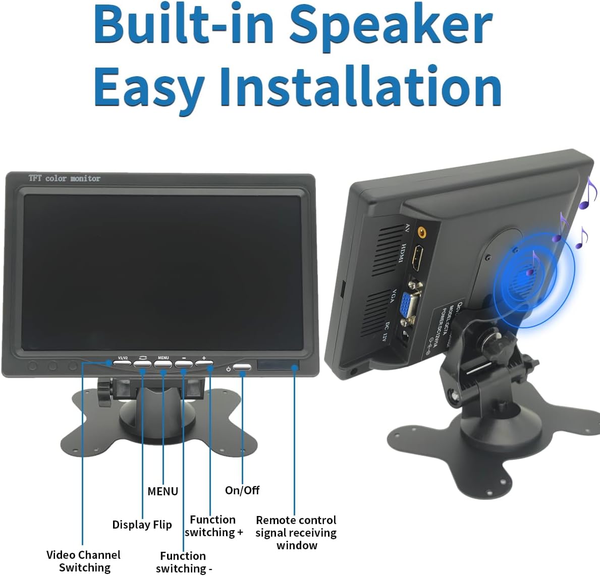 7 inch Security Monitor & Displays, HD/AV/VGA Input, 1024 * 600 Resolution, Built-in Speakers Portable LCD Monitor, Suitable for Game DSLR CCTV PC DVD TV Box