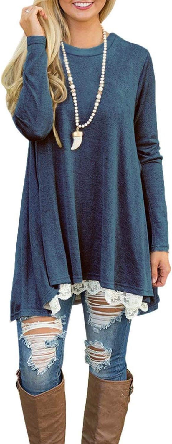 NICIAS Womens Lace Casual Long Sleeve Tunic Tops Loose Blouse T Shirt