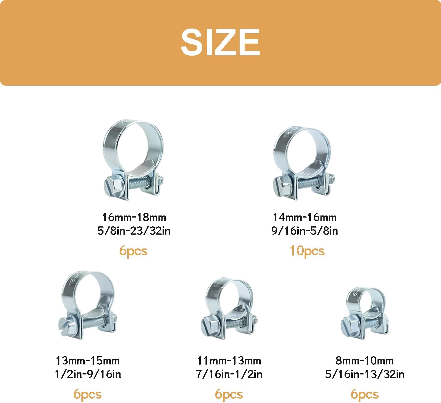 34PCS 8-18mm 5 Sizes Fuel Injection Line Hose Clamps Assortment Kit, 1/4" 5/16" 3/8" Fuel Line Hose Clamp for Automotive Diesel Petrol Pipe DD025