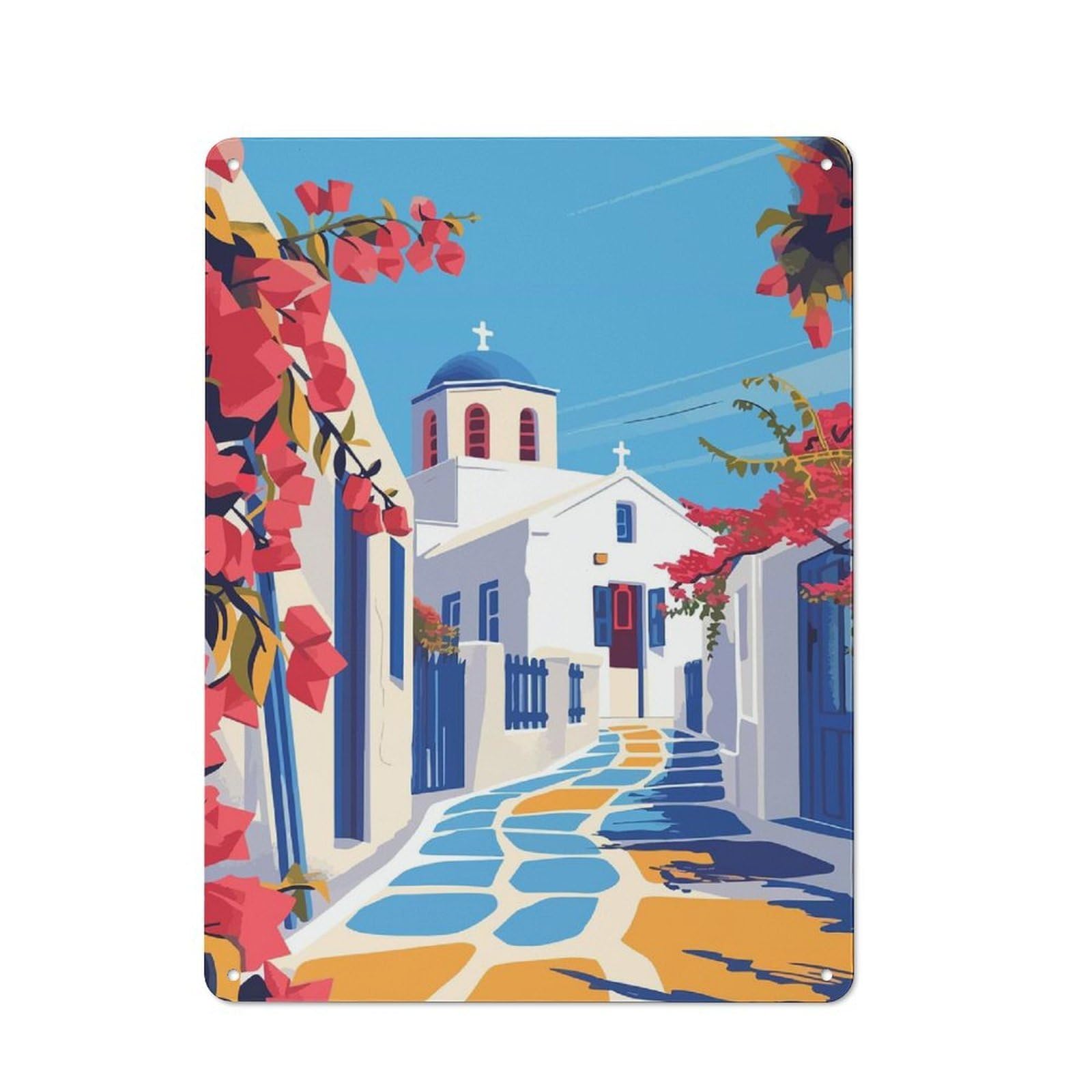 Junmoney Style-2 Greek Town Greece Art Distressed Look Metal Wall Decor 40X30cm, Vintage Tin Sign For Living Room, Hallway, Kitchen Or Cafe