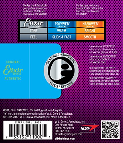 Elixir Strings, Acoustic Guitar Strings, 80/20 Bronze with POLYWEB Coating, Longest-Lasting Warm Tone with Comfortable Feel, 6 String Set, Extra Light 10-47 - Thumbnail 7