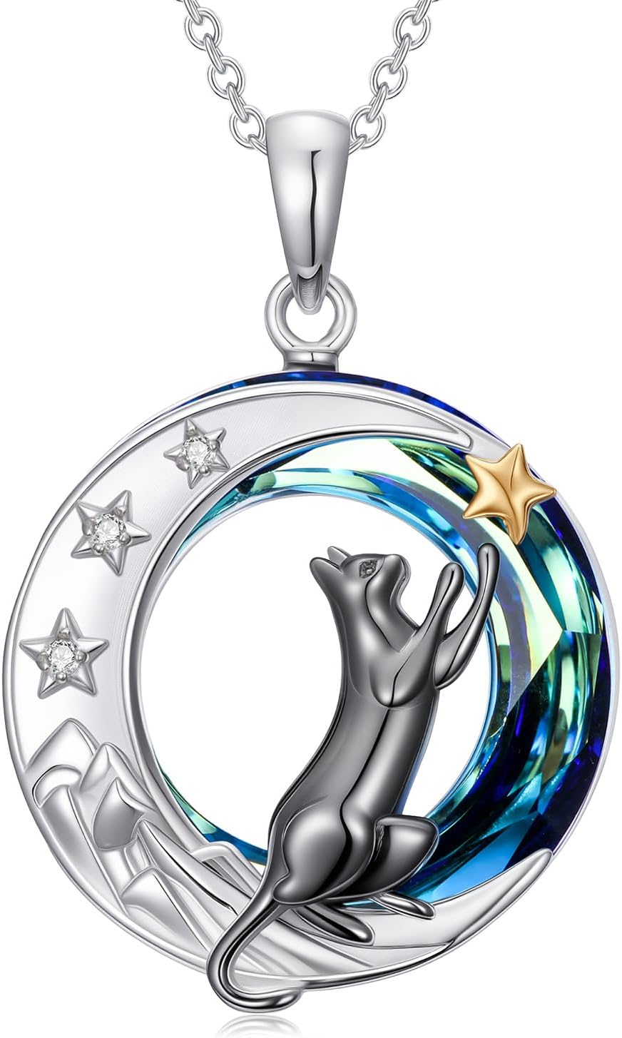 TOUPOP Cat Necklace Gifts for Women Sterling Silver Celtic Mounatin Moon Pendant with Blue Crystal Birthday Christmas Jewelry Gifts for Women
