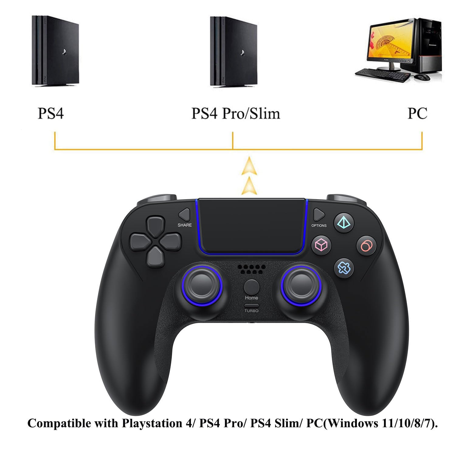 Mando de juego inalámbrico para PlayStation 4 Bluetooth de repuesto para PS4 Slim/Pro y Windows PC, recargable, portátil, doble vibración, joystick remoto con función turbo/mapeo