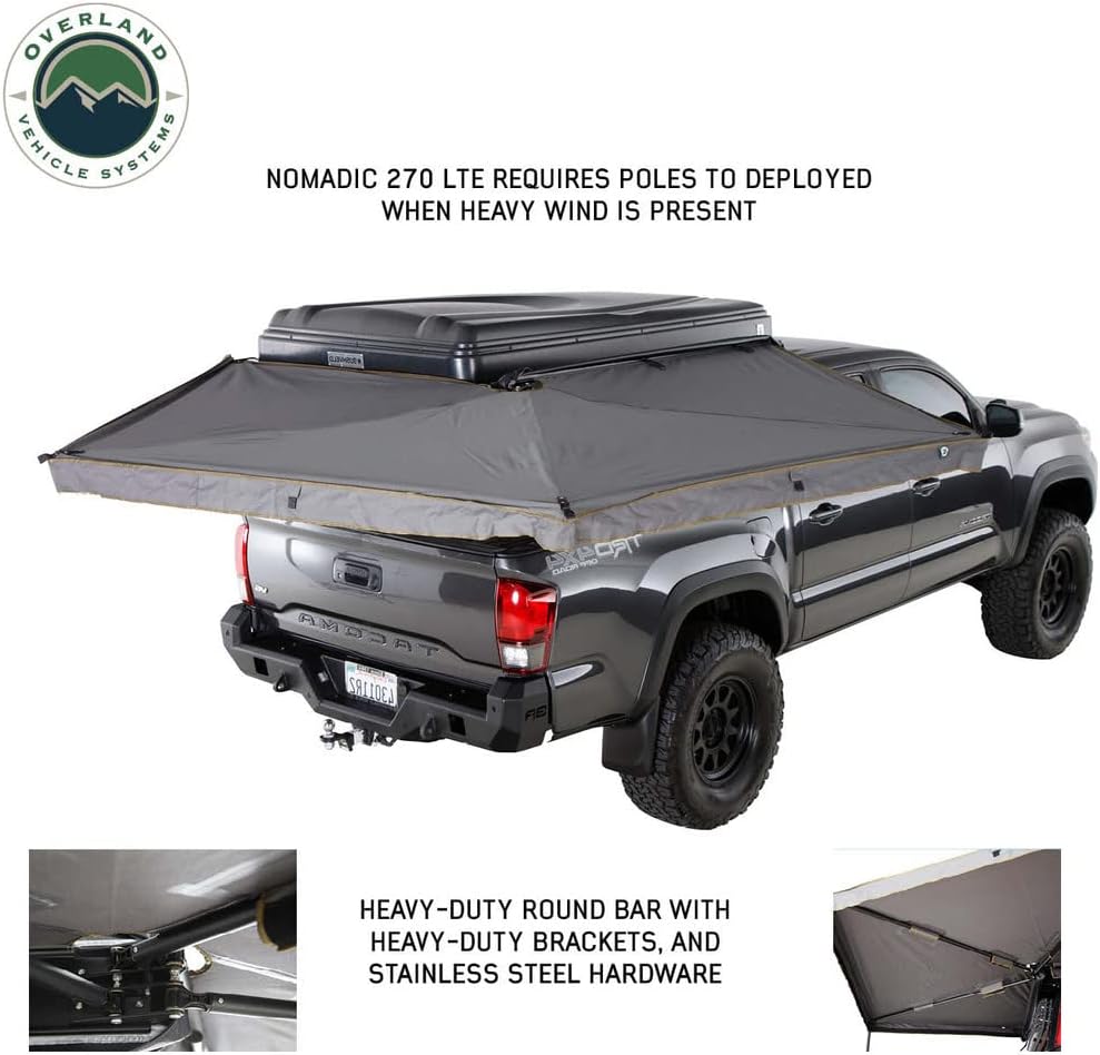 Overland Vehicle Systems 19689909 HD Nomadic 270 LTE Awning Passenger Side | 65 Sq Ft of Coverage | Dark Gray Fabric with Travel Cover Included | Twist and Lock Technology | Weather-Resistant