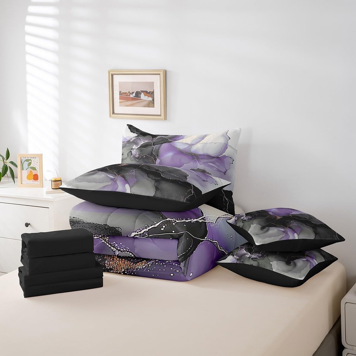 Black Purple Marble Bed in a Bag 7pcs Watercolor Aesthetic Bedding Set, Abstract Marbling Queen Size Comforter Set Stone Pattern Bedding Comforter Sets, Gold Metallic Bed Set Girls Bedroom Decor
