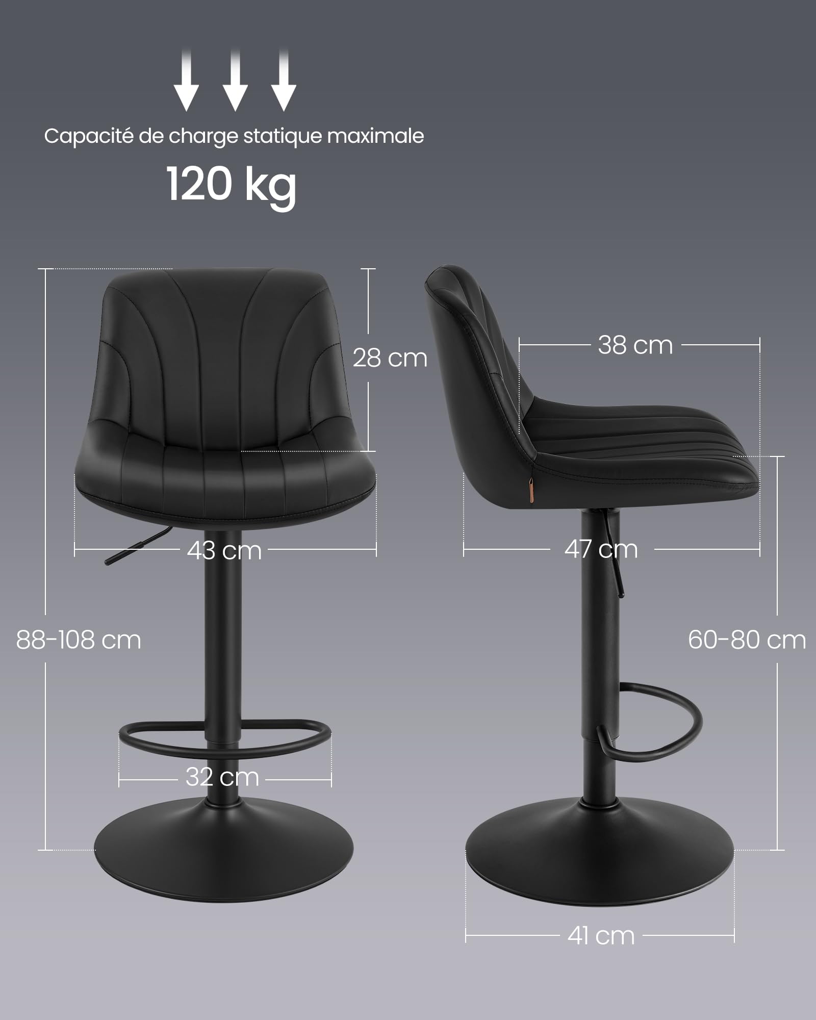 VASAGLE Tabourets de Bar, avec Dossier, Chaises de Bar Hauteur Réglable, Rotation à 360°, Repose-Pied en Métal, pour Salle à Manger, Cuisine, PU, Lot de 2, Noir d'encre LJB181BH01