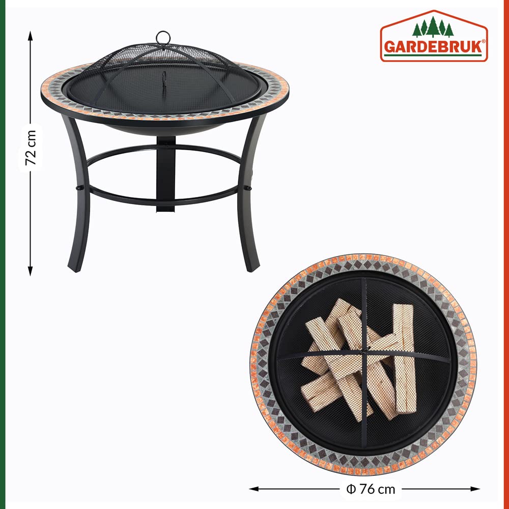 Brasero Rond Sevilla Ø 76 cm Acier laqué Pierres mosaïque Accessoires Couvercle Jardin terrasse feu Bois Charbon briquette Barbecue