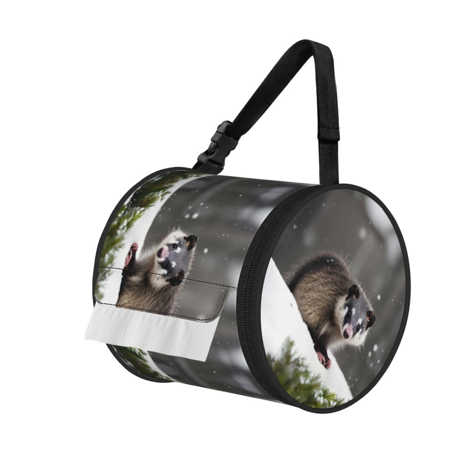 Jiuty Black Opossum In Snow Print Cylinder Tissue Organizer Bag With Strap, Portable Toilet Roll Holder For Camping Car