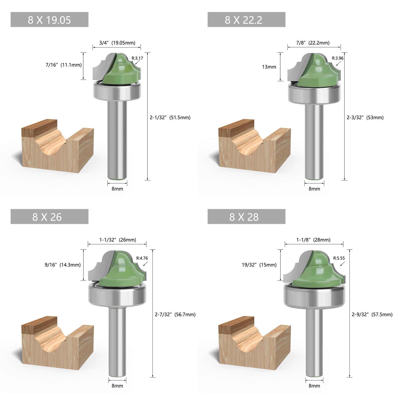 Broca de grabado alto con varios perfiles, vástago de 8 mm para materiales compuestos de madera