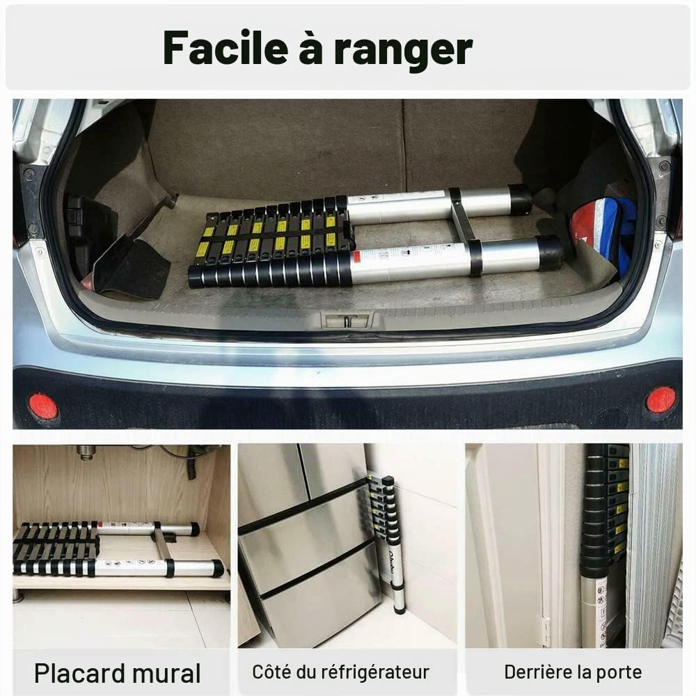 Échelle télescopique de 4,4 m avec 2 Crochets, échelle coulissante extensibl, échelle Multifonction, Facile à Transporter, capacité de 150 kg, Argent