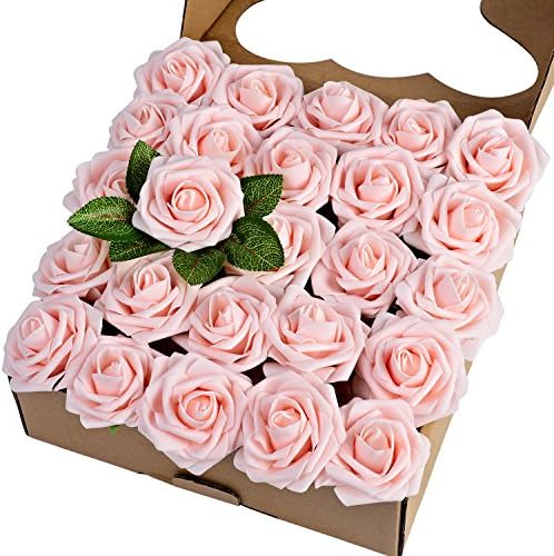 Breeze Talk Artificial Flowers Blush Roses 25pcs Realistic Fake Roses w/Stem for DIY Wedding Bouquets Centerpieces Arrangements Party Baby Shower Home Decorations