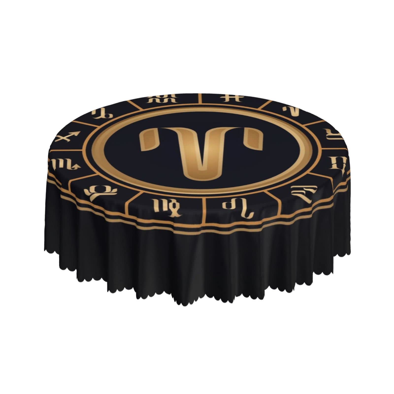 Lsjuee Aries Zodiac Symbol Black Round Tablecloth 60 Inch Printed Washable Tablecloth for Dining Party Holiday Fall Home Decorative